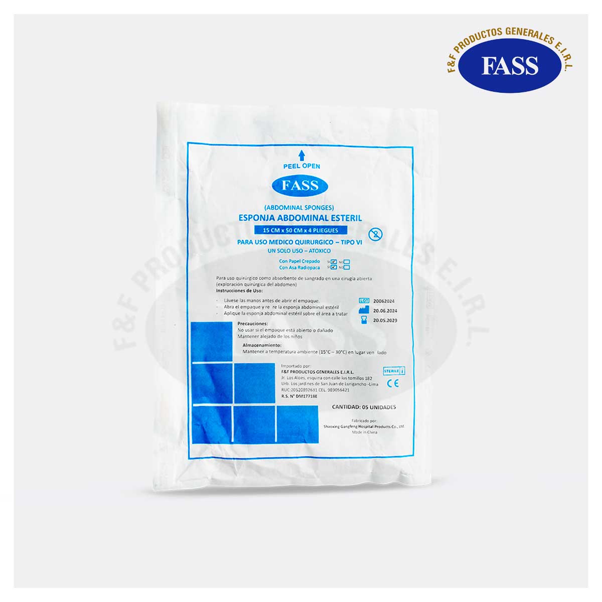 COMPRESA DE GASA QUIRURGICA 15 CM  x 50 CM x 5 UNIDADES CON ASA RADIOPACA
